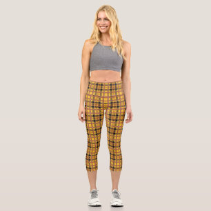 Plaid Fabric Texture Golden Brown Stripes Pattern Capri Leggings