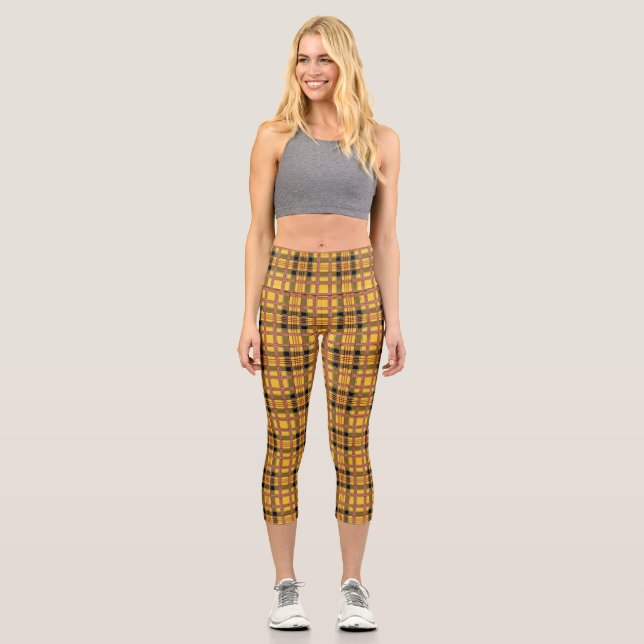 Plaid Fabric Texture Golden Brown Stripes Pattern Capri Leggings (Front)