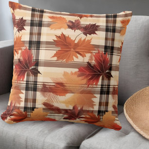 Plaid Fall Autumn Leaves Cushion