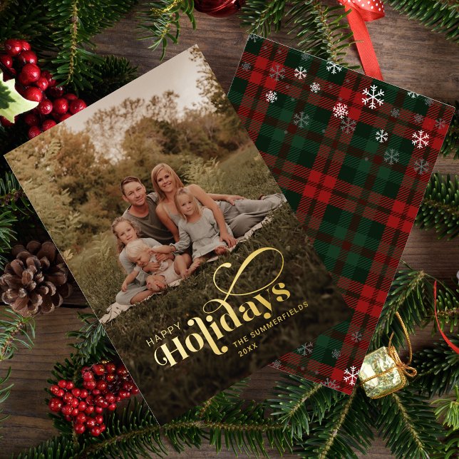 Plaid Family Photo Calligraphy Christmas Gold (Christmas Holidays Rustic Plaid Gold Foil Family Photo Greetings Card)