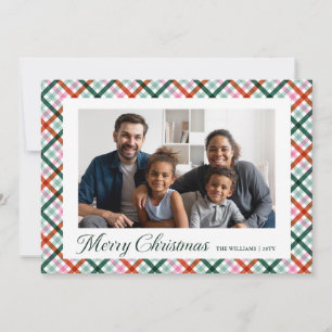 Plaid Family Photo Modern Merry Christmas Card
