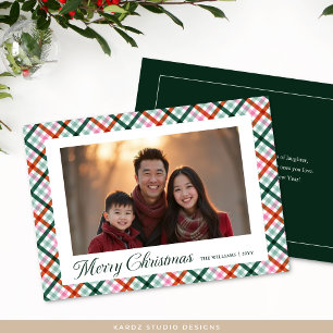 Plaid Family Photo Modern Merry Christmas Card
