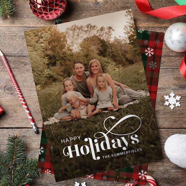Plaid Family Photo Snowflakes Christmas Silver (Plaid Family Photo Snowflakes Christmas Silver Foil Holiday Card)