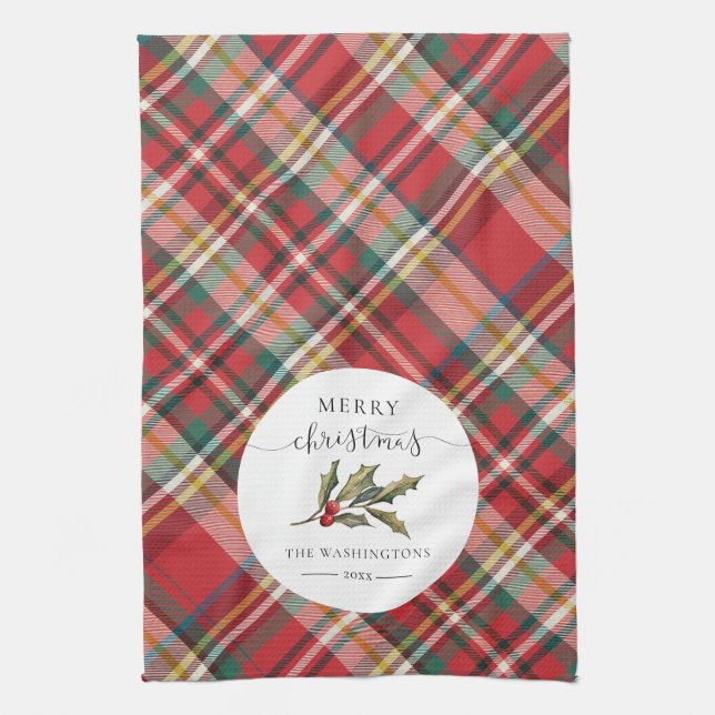 Plaid Farmhouse Red Check Rustic Merry Christmas Tea Towel (Vertical)