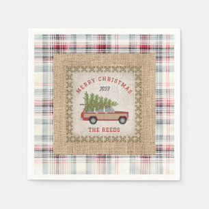 Plaid Faux Burlap Wood Paneled SUV Christmas Tree Napkin