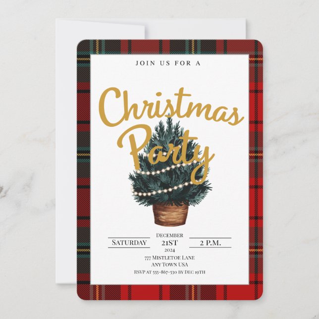 Plaid festive Christmas party invitation (Front)