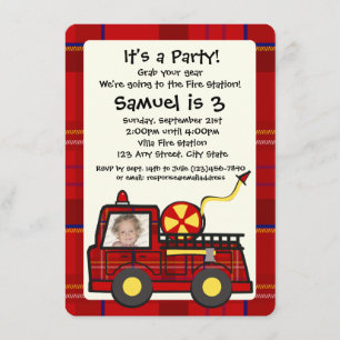 Plaid Fire Engine Birthday with Photo Invitation