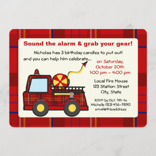 Plaid Fire Truck Birthday Invitation
