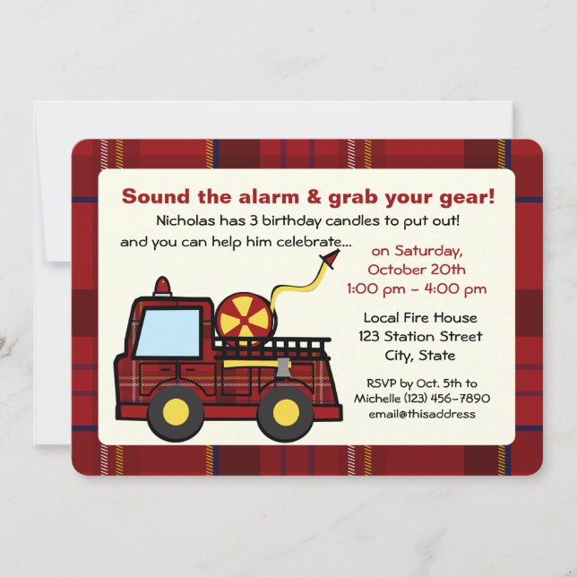 Plaid Fire Truck Birthday Invitation (Front)