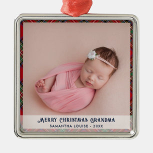 Plaid First Christmas Baby Photo Holiday Tartan Metal Tree Decoration