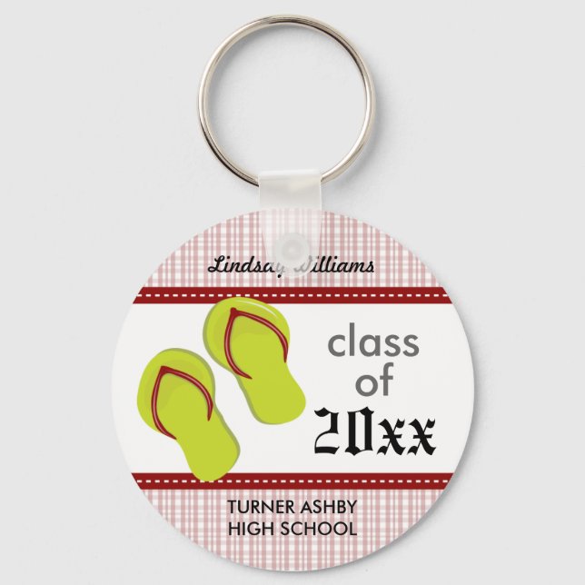 Plaid Flip Flop Custom Graduation Keychain: Red Key Ring (Front)