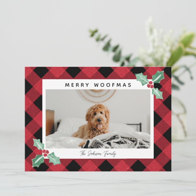 Plaid Frame Holly Corners Pet Photo Holiday Card (Standing Front)