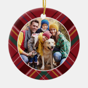 Plaid frame photo red personalised Christmas Ceramic Tree Decoration