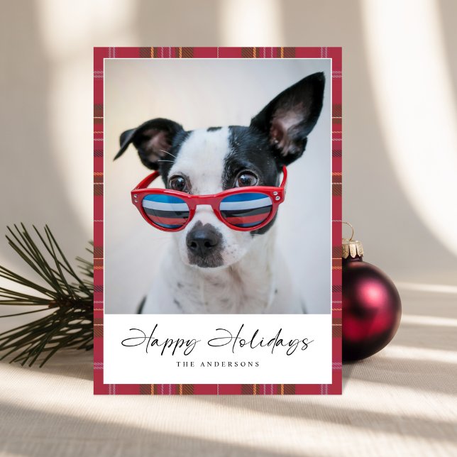 Plaid Funny Dog Happy Holidays Photo Card (Creator Uploaded)