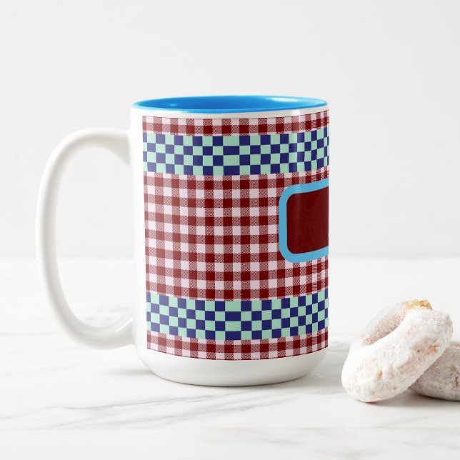 Plaid Gingham Personalised Two-Tone Coffee Mug (With Donut)