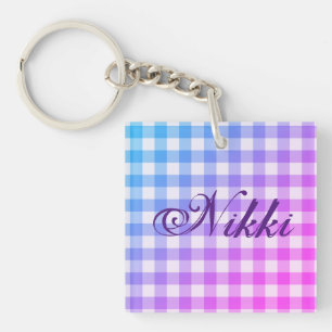 Plaid Gingham Pink Blue Modern Simple Purple Name Key Ring