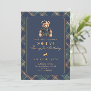 Plaid Girl Teddy Navy Tartan Bear 1st Birthday Invitation