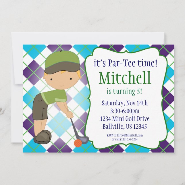Plaid Golfer Boy Golf Birthday Party Invitation (Front)