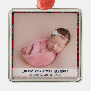 Plaid Grandma Baby Photo Christmas Tartan Custom Metal Tree Decoration