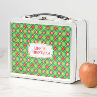 Plaid Green and Red Merry Christmas Metal Lunch Box