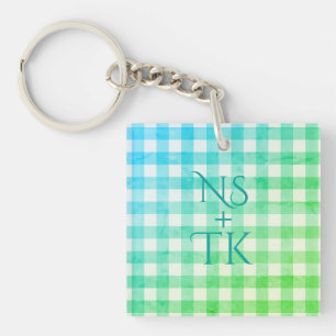 Plaid Green Blue Ombré Modern Simple Initials Key Ring