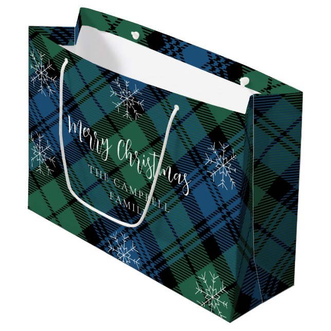 Plaid Green Blue Rustic Campbell Tartan Large Gift Bag (Front Angled)