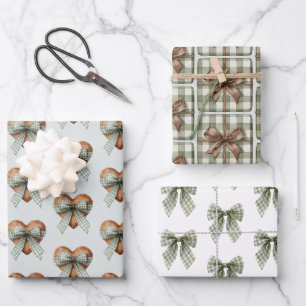 Plaid Green Bows Gifts Wood Hearts Christmas Wrapping Paper Sheet