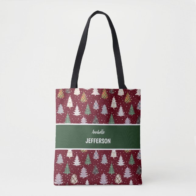 Plaid Green Christmas Trees pattern Monogram Tote Bag (Front)