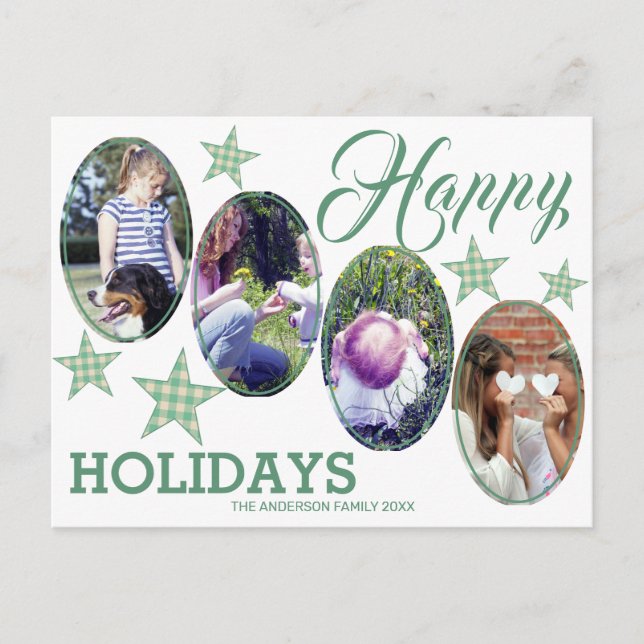 Plaid Green Cream Stars 4 Photo Happy Holidays Postcard (Front)