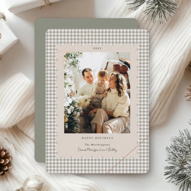 Plaid Green Gingham Scalloped Frame Tiny Bow Photo (Sage Green Gingham Plaid Holiday Card with Gold Foil Bow)