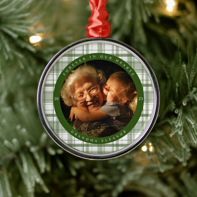 Plaid Green Memorial Photo Metal Ornament (Tree)