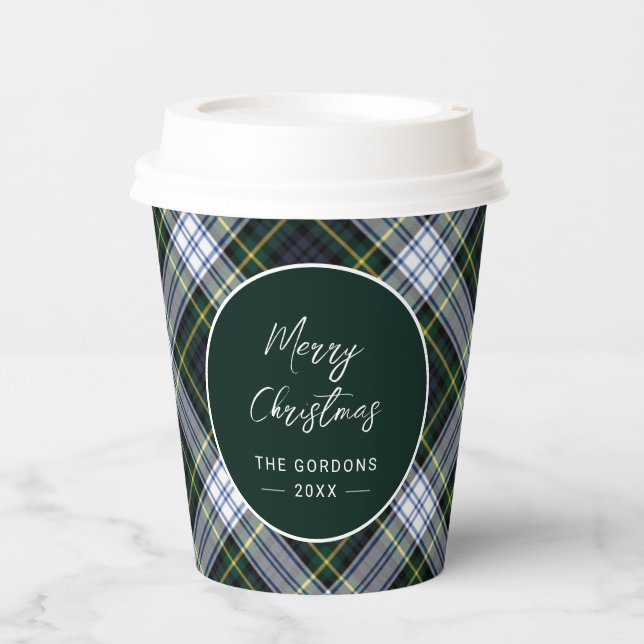 Plaid Green Script Rustic Clan Gordon Tartan Paper Cups (Front)
