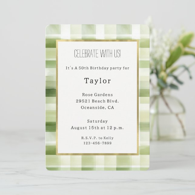 Plaid Green Stripes Birthday Invitation (Standing Front)