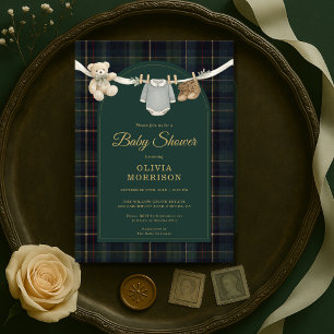 Plaid Green Teddy Bear Clothesline Baby Shower Invitation