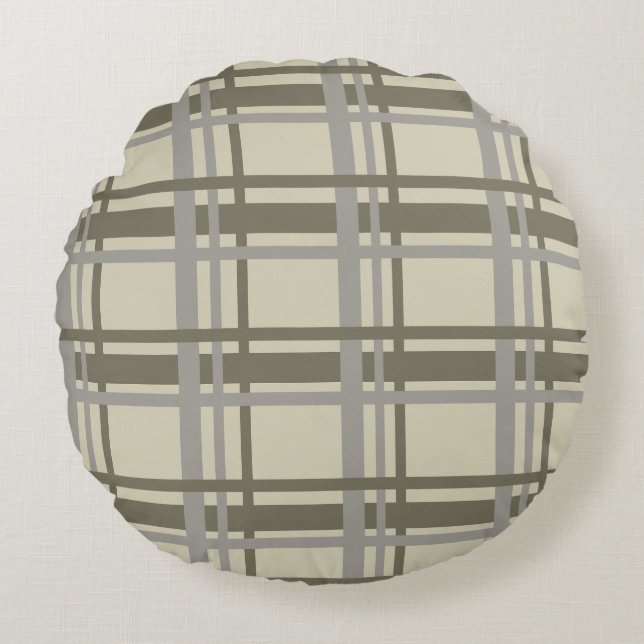 Plaid grey and cream round cushion (Front)