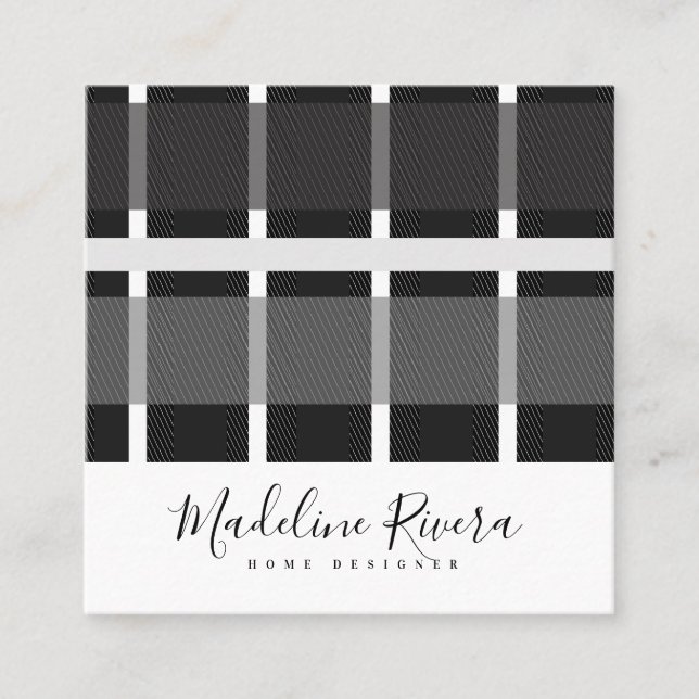 Plaid Grey Black Lines Shapes Tartan Pattern Square Business Card (Front)