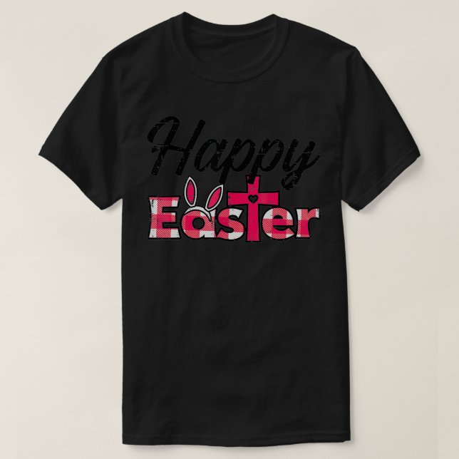 Plaid Happy Easter Bunny Ears Cross Cute Religious T-Shirt (Design Front)