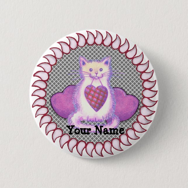 Plaid Heart Cat  pin button (Front)