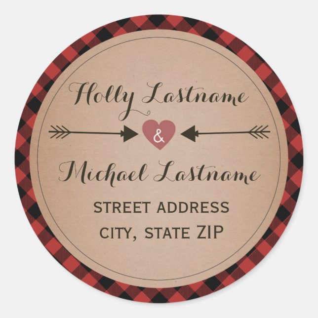 Plaid Heart With Arrows Address Classic Round Sticker (Front)