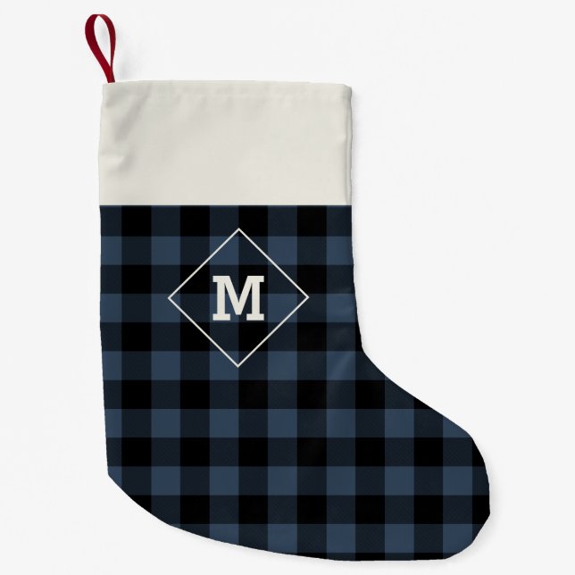 Plaid Holiday Initial Mediaeval Blue + Black Small Christmas Stocking (Front)