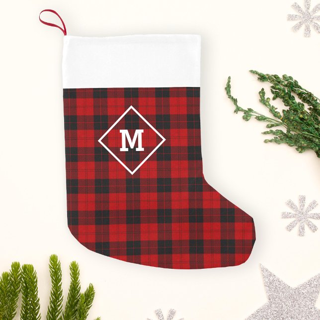 Plaid Holiday Initial Red + Black Small Christmas Stocking (Creator Uploaded)