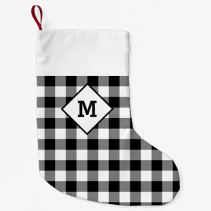 Plaid Holiday Initial White + Black Small Christmas Stocking