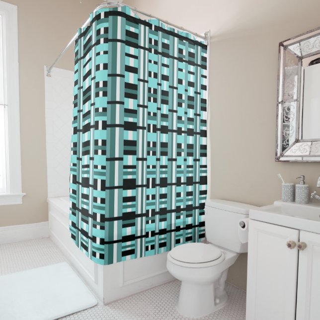 Plaid in Aqua, Teal, Black & White Bold Shower Curtain (In Situ)