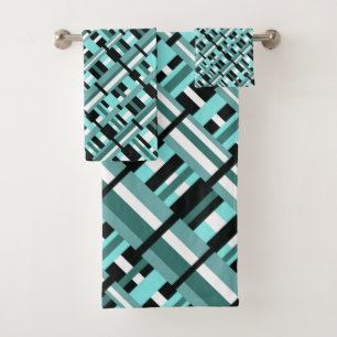 Plaid in Aqua, Teal, Black & White Diagonal Bath Towel Set