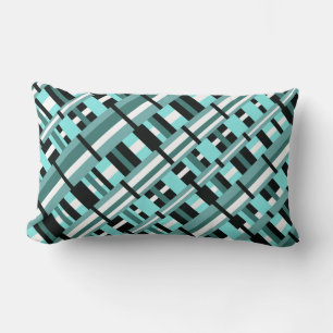 Plaid in Aqua, Teal, Black & White Diagonal Lumbar Cushion