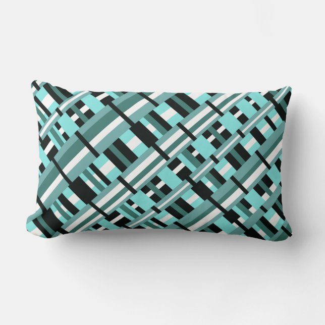Plaid in Aqua, Teal, Black & White Diagonal Lumbar Cushion (Front)
