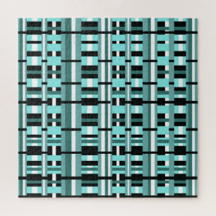 Plaid in Aqua, Teal, Black & White Jigsaw Puzzle