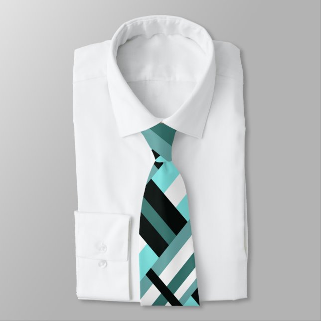 Plaid in Aqua, Teal, Black & White Modern Pattern Tie (Tied)