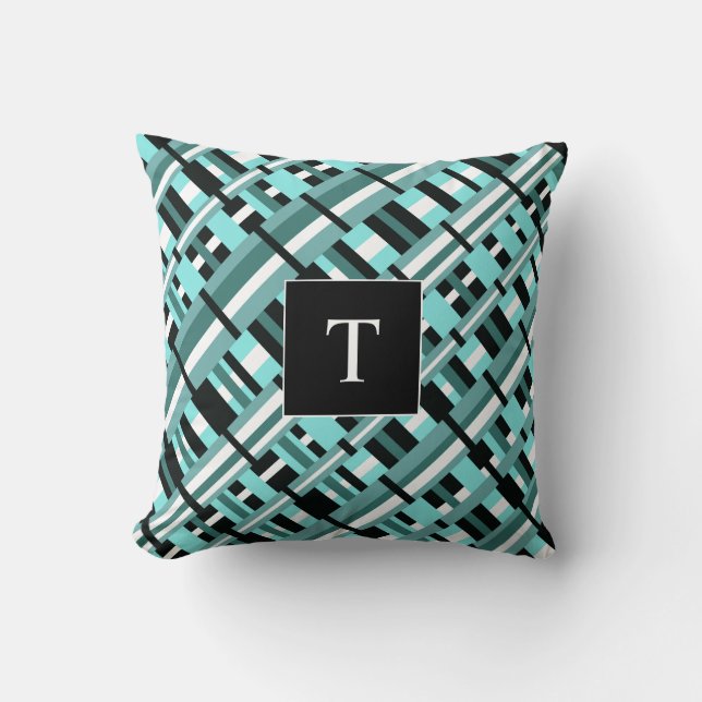 Plaid in Aqua, Teal, Black & White Monogram Cushion (Front)