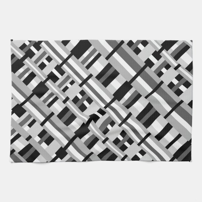 Plaid in Black, White & Grey Diagonal Tea Towel (Horizontal)